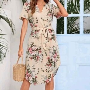 SHEIN Floral Midi Dress - Cream and Pink